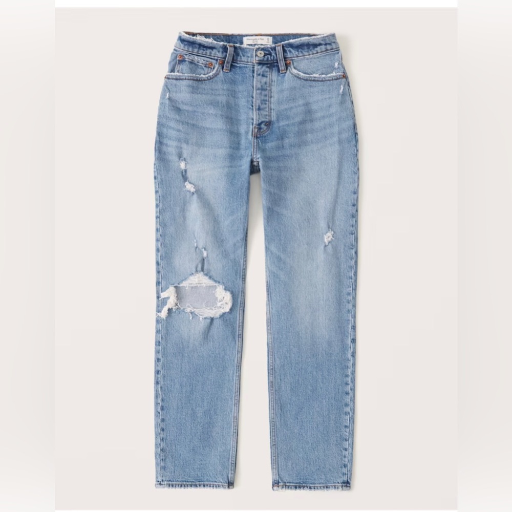 Abercrombie “The Boyfriend” mid-rose jeans with distressing over right knee